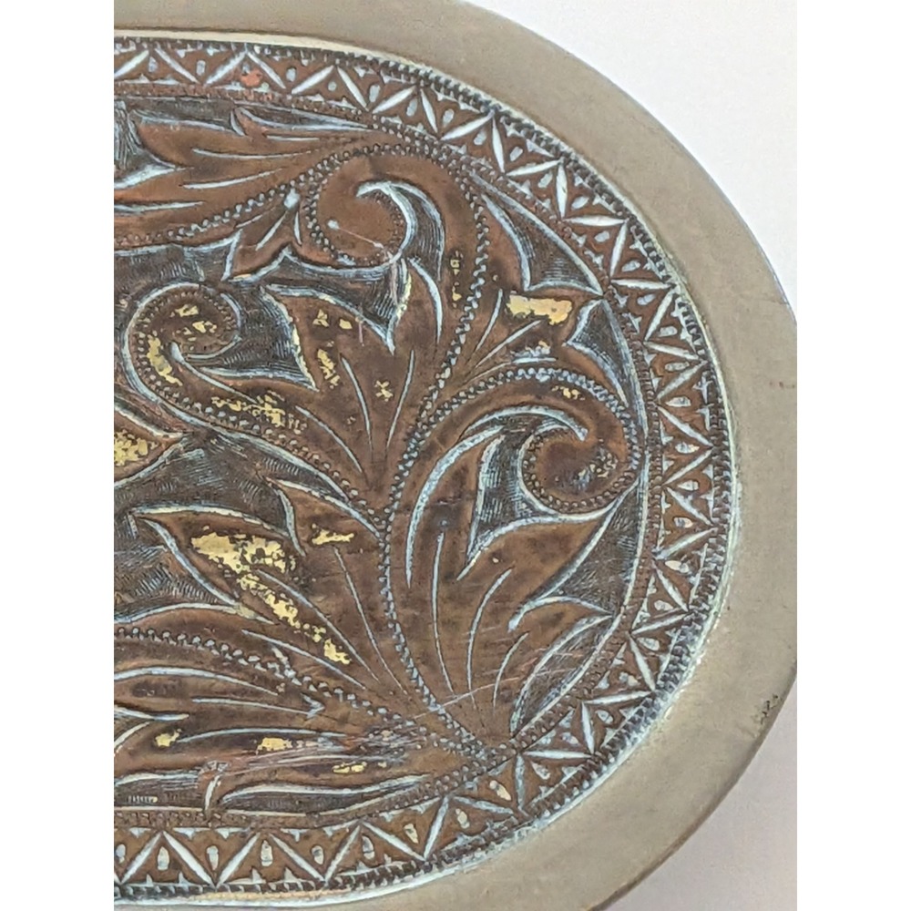 Vintage Floral Etched Oval Belt Buckle Western Boho Silver Tone Patina Metal - Picture 3 of 5